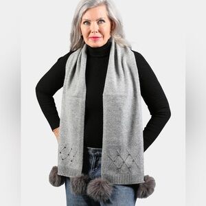 Mitchie's grey wool/fox fur pom poms soft knit scarf with crystals/pearls NWT